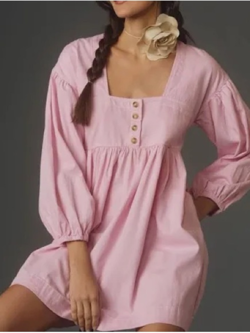 Feminine Pink Square-Neck Mini Dress with Button Detail